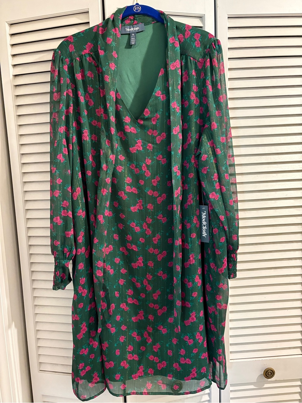 Modcloth Green Dress with Pink Rose Print Long Sleeves
